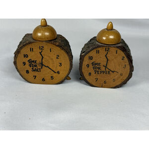Vintage 3” Wood Ohio Turnpike Souvenir S&P Salt Pepper Shaker Clock Shaped MCM